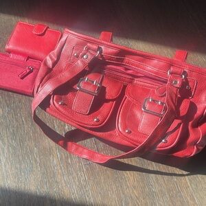 Red Leather Women's Bag Set